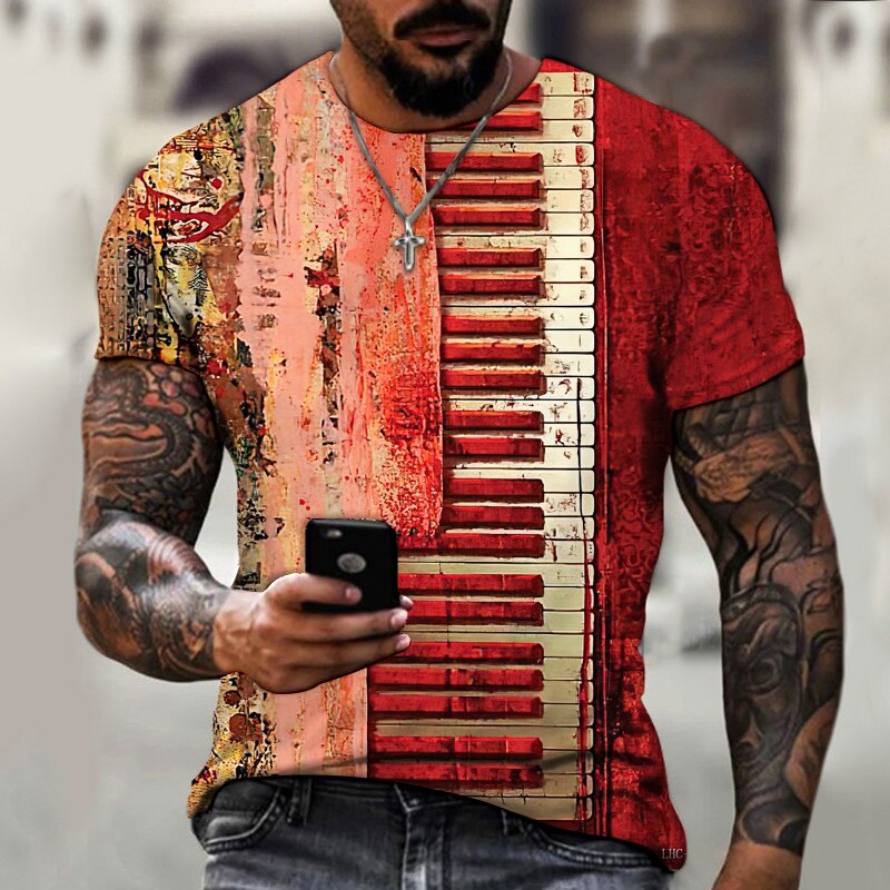 Men's T-Shirt Music Notes Piano Keys 3D Printed Lycra Polyester Shirt Men's Short Sleeve Fashion Oversized Summer Dress