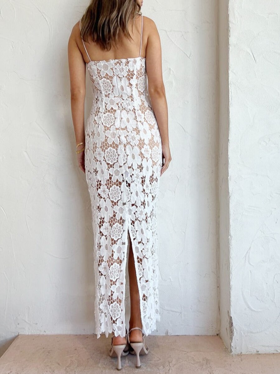 MAHUAOYIXI Summer Dress Women White Lace Elegant Dress Transparent Lace Floral Women Short Dress Sexy Sleeveless V Neck Beach