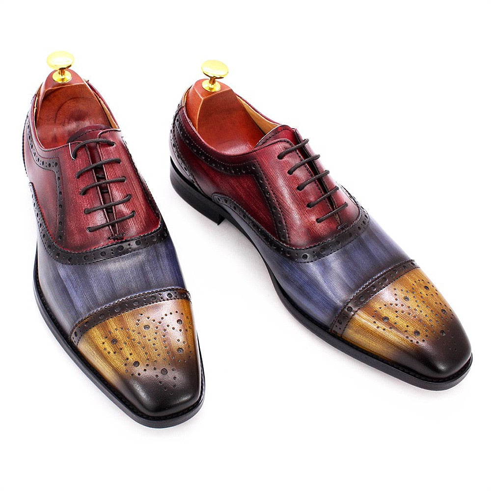 Handmade Mens Dress Shoes 100% Calf Leather Cap Toe Oxford Mixed Colors Lace Up Luxury Brogue Wedding Party Formal Shoes for Men