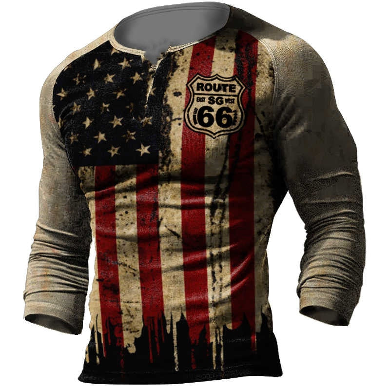 Vintage Men's T Shirt Long Sleeve Cotton Top Tees USA Route 66 Letter Graphic 3D Print T-Shirt Fall Oversized Loose Clothing 5XL