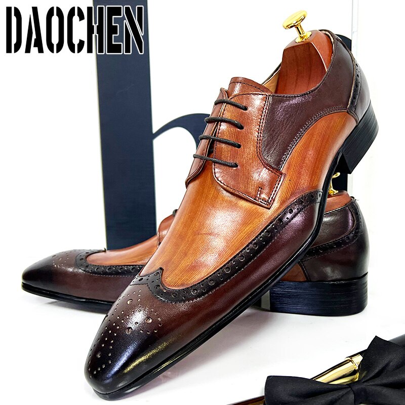 Luxury Brand Men Leather Shoes Lace Up Pointed Toe Mixed Colors Brogues Oxford Mens Dress Shoes Wedding Office Formal Shoes Men