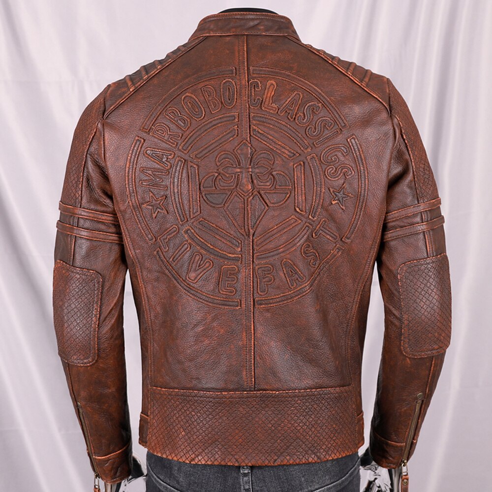 's European Fashion Distressed Cowhide Coats Winter High Street Jackets Plus Size Motorcycle Coat Slim Fit Man Clothing