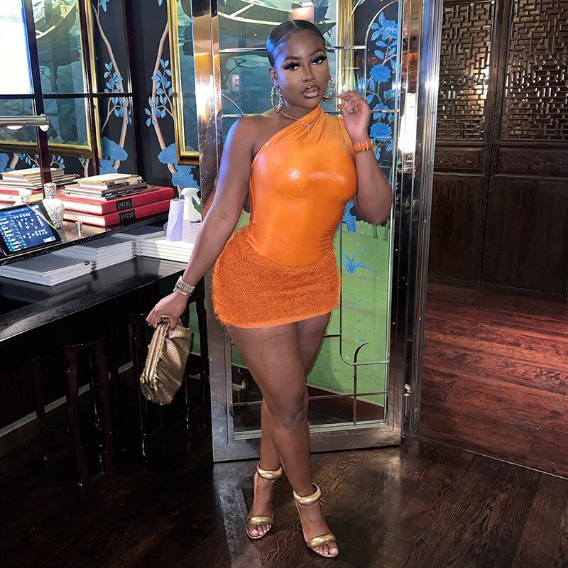 ANJAMANOR 2 Piece Set Fuzzy Skirt and One Shoulder Bodysuit Top Orange Sexy Club Outfits Bodycon Dresses for Women 2023 D85-CG18