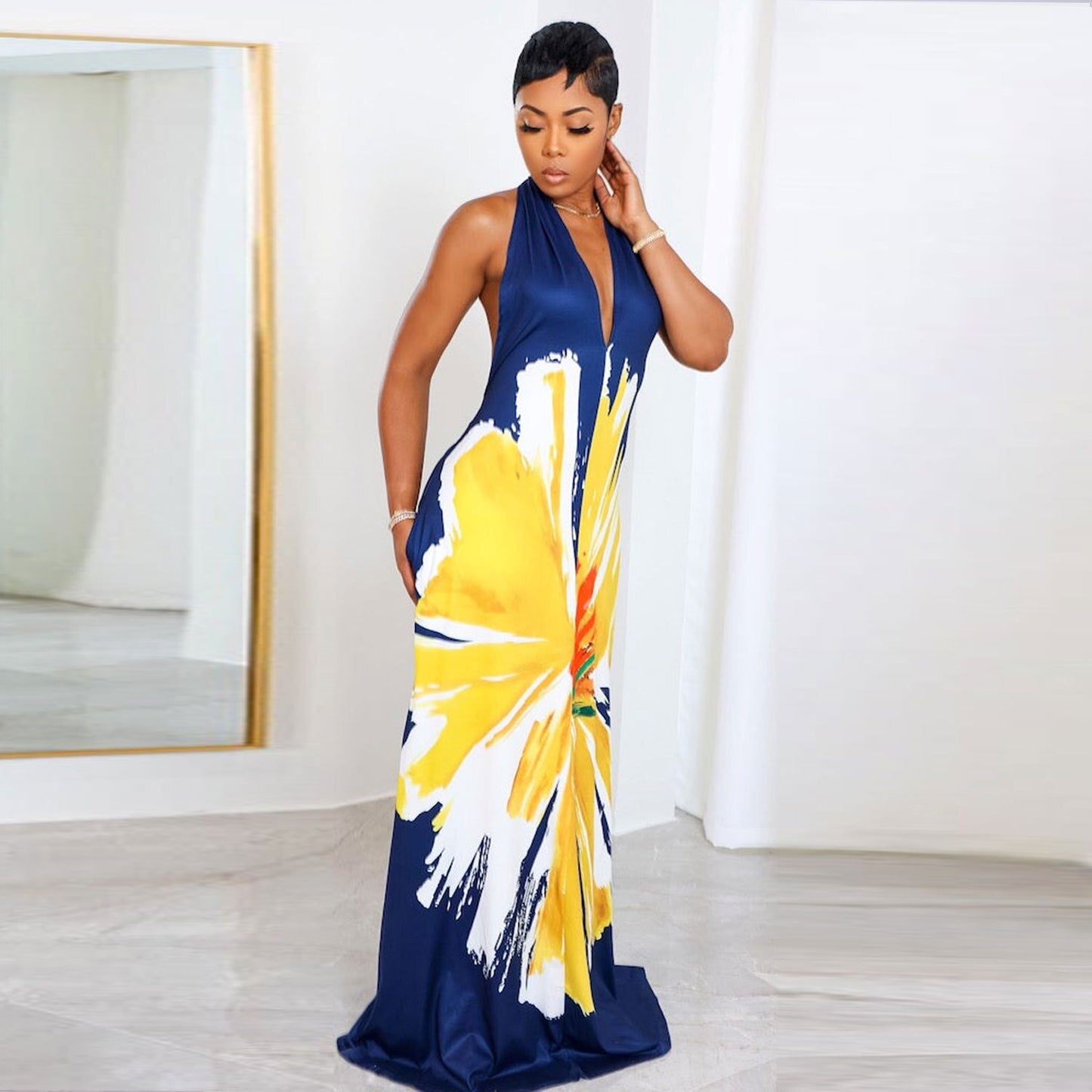 Summer Elegant Print Hang Neck Straps Loose V-neck Long Dress 2023 Women Sleeveless Sexy Traditional Retro African Clothing