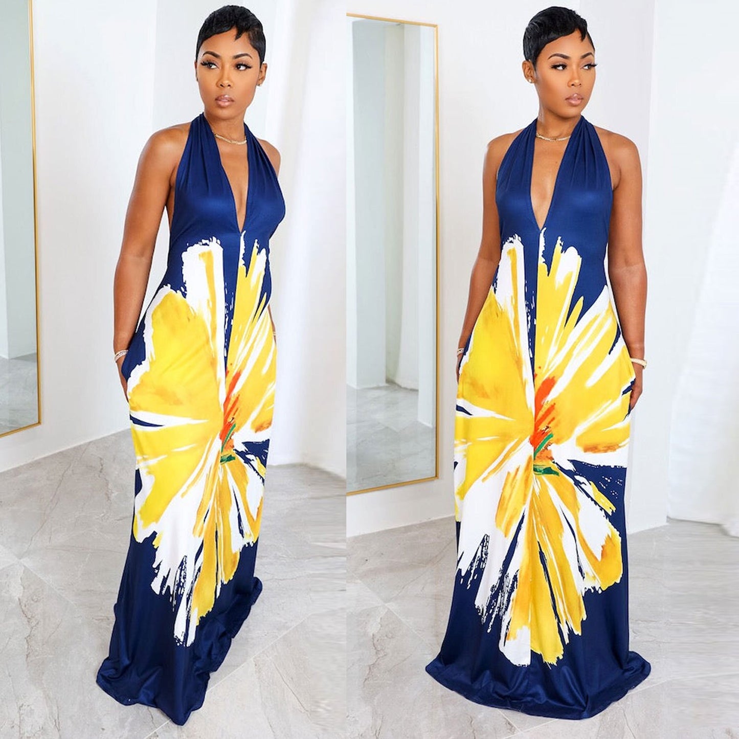 Summer Elegant Print Hang Neck Straps Loose V-neck Long Dress 2023 Women Sleeveless Sexy Traditional Retro African Clothing
