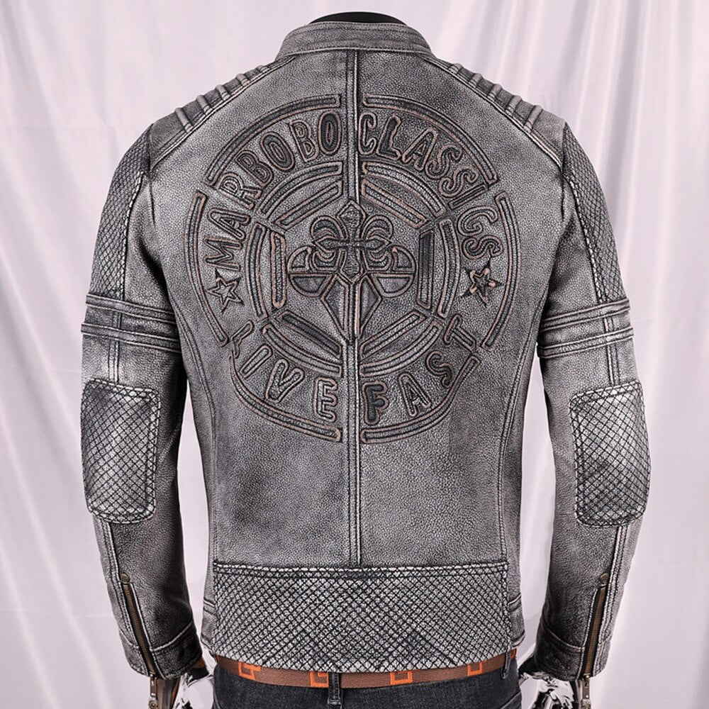 's European Fashion Distressed Cowhide Coats Winter High Street Jackets Plus Size Motorcycle Coat Slim Fit Man Clothing