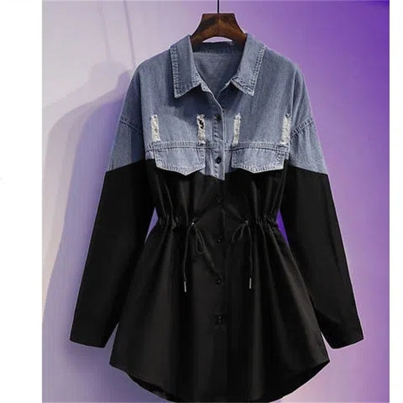 Women's Shirt Spring 2022 New Dress Denim Jacket Splicing Shirt Pull Rope Two Piece Skirts Draw String Shirt Dress Ladies