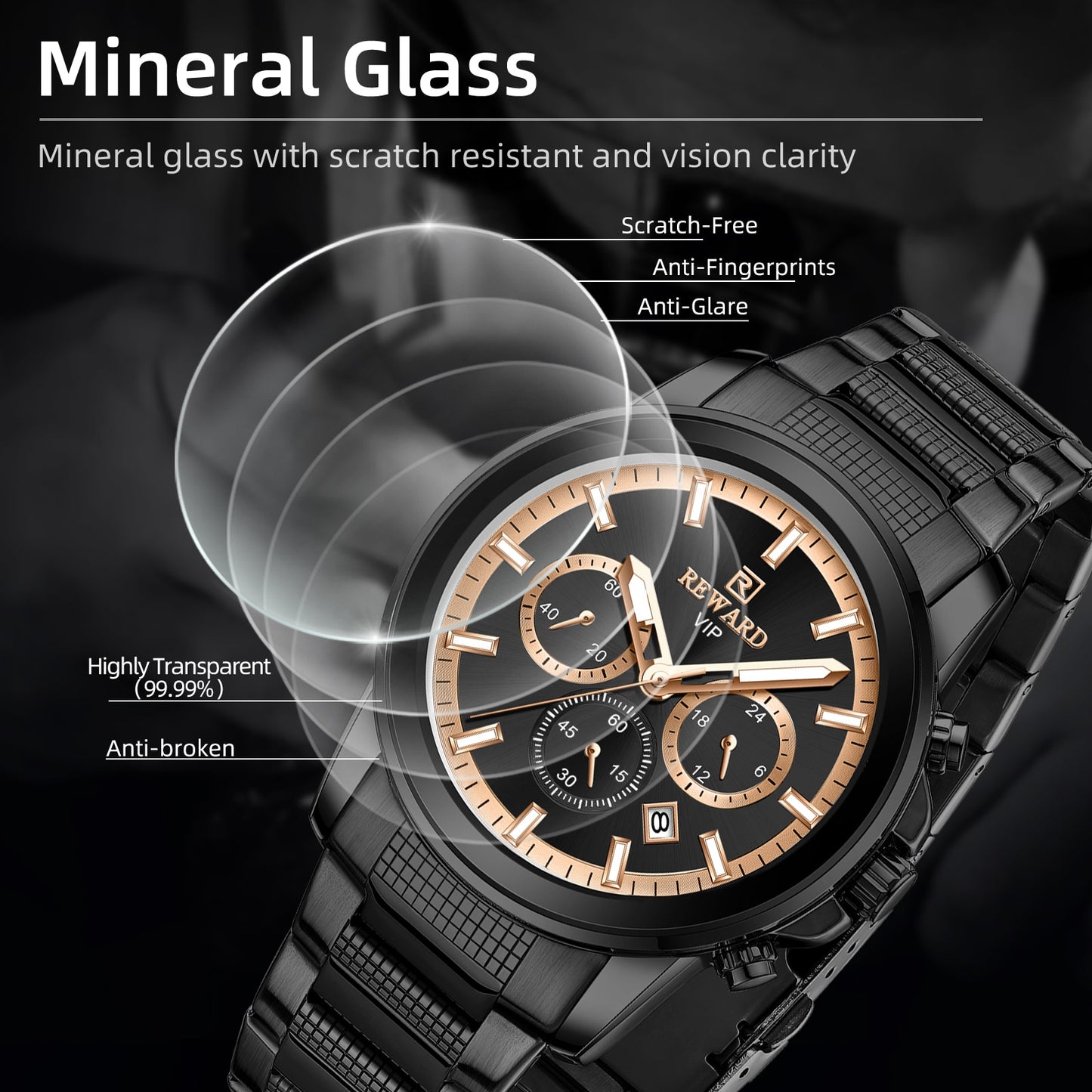 REWARD VIP New Quartz Watches for Men Dress Wrist Watch Stainless Strap Chronograph Luminous Waterproof Date Men's Wristwatches