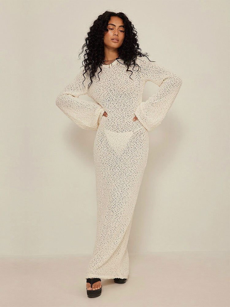 Sexy Knitted Women's 2023 Autumn New U-Neck Dolman Sleeves See-through Sweater Maxi Dress Beachwear Swim Suit Cover-ups A2186
