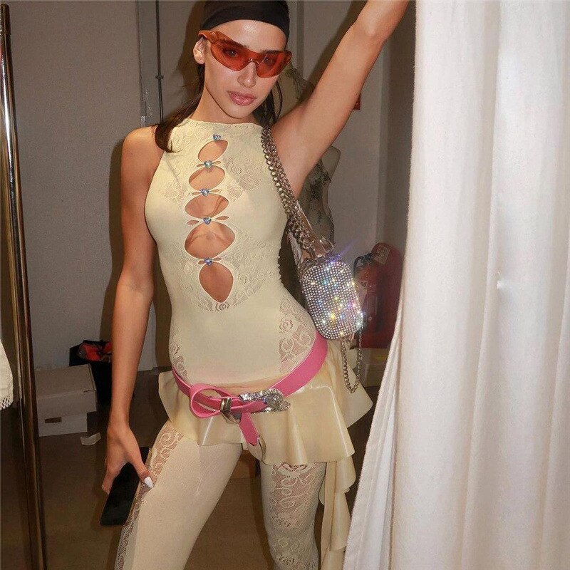 Sexy See Through Sleeveless Hipster Night Clubwear Party Overalls Women Hollow Out Lace Mesh Patchwork Skinny Jump Suit