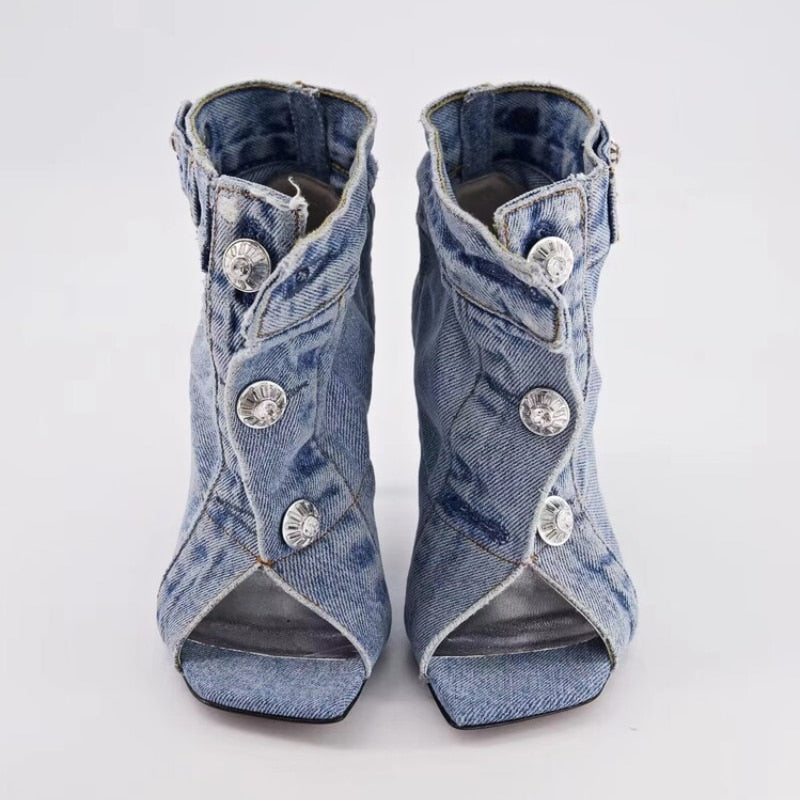 2023 Summer Brand New Pocket Design Fashion Denim High Heel Sandals Popular Charming Woman Shoes Comfort Slippers Big Size 43