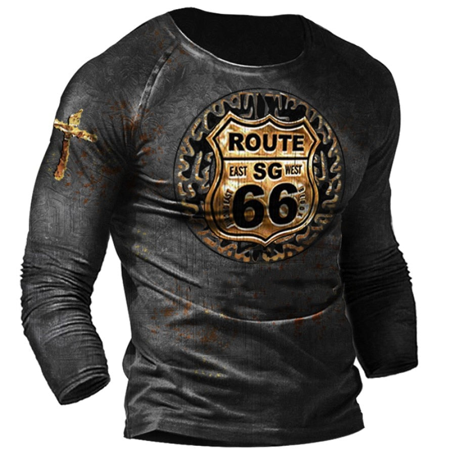 Vintage Men's T Shirt Long Sleeve Cotton Top Tees USA Route 66 Letter Graphic 3D Print T-Shirt Fall Oversized Loose Clothing 5XL