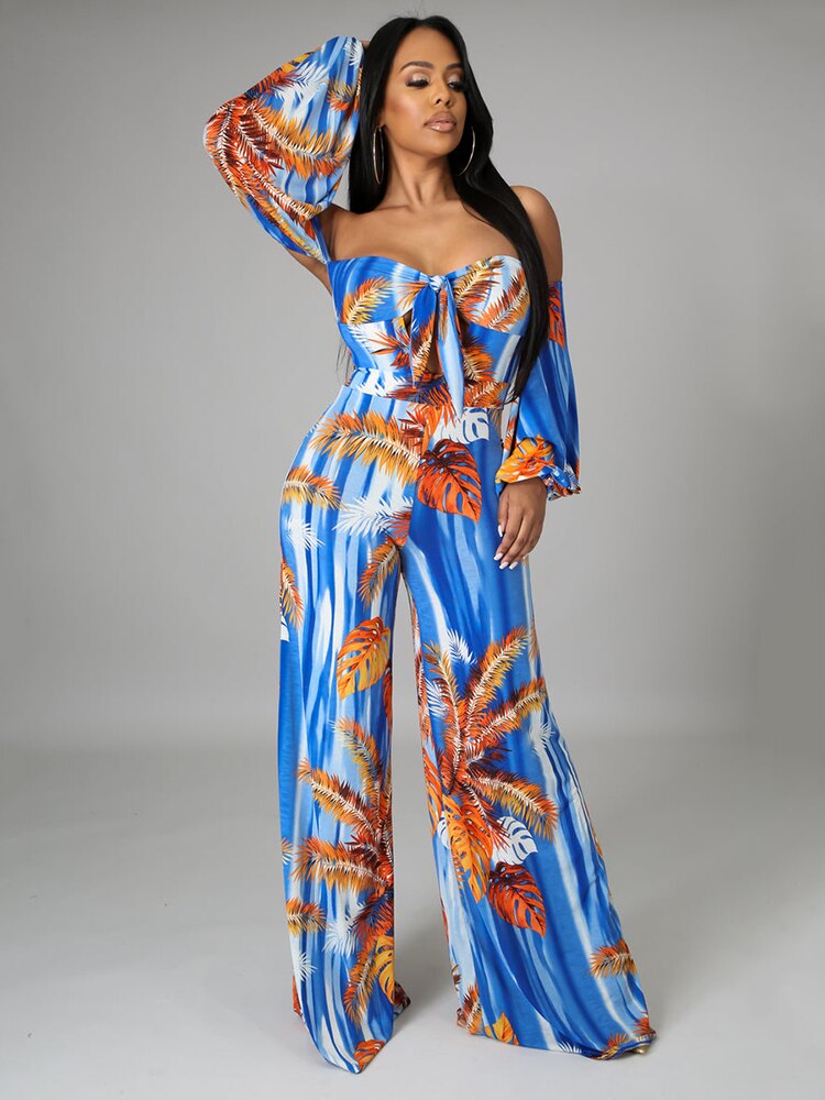 Jump Suits for Women Tropical Print Off The Shoulder Lace Up Decorative Jumpsuit One Fashion Casual Pieces for Women Female