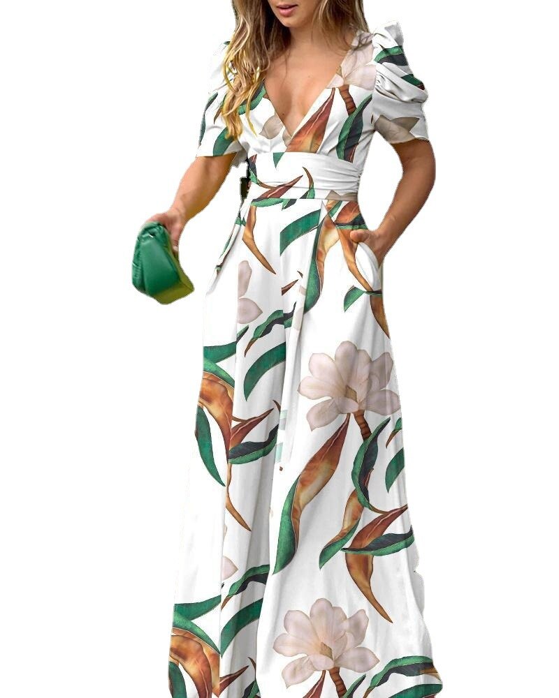 2023 Spring and Summer Fashion Print New V-neck Wide-leg Jumpsuit Jump Suits for Women