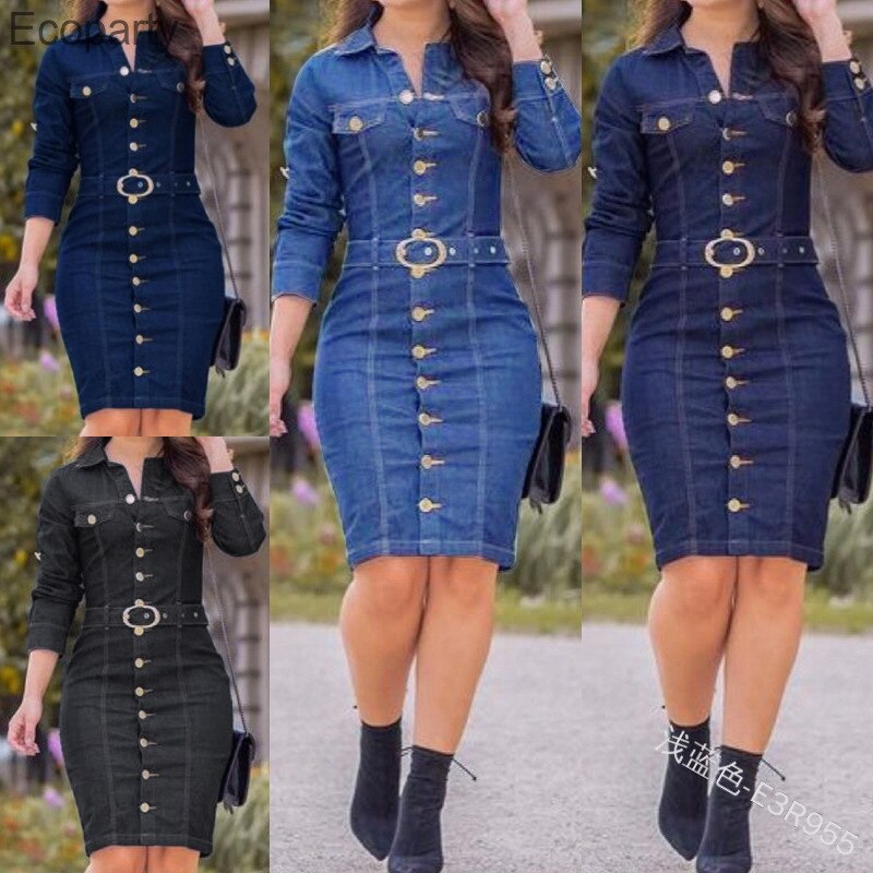 Women Dress Sexy Slim Retro Multi-button Decoration Lapel Dresses Lady Fashion Single-breasted Long-sleeve Denim Goddess Dresses