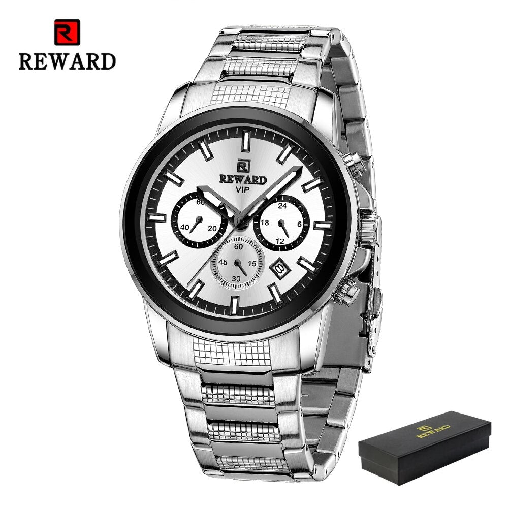 REWARD VIP New Quartz Watches for Men Dress Wrist Watch Stainless Strap Chronograph Luminous Waterproof Date Men's Wristwatches