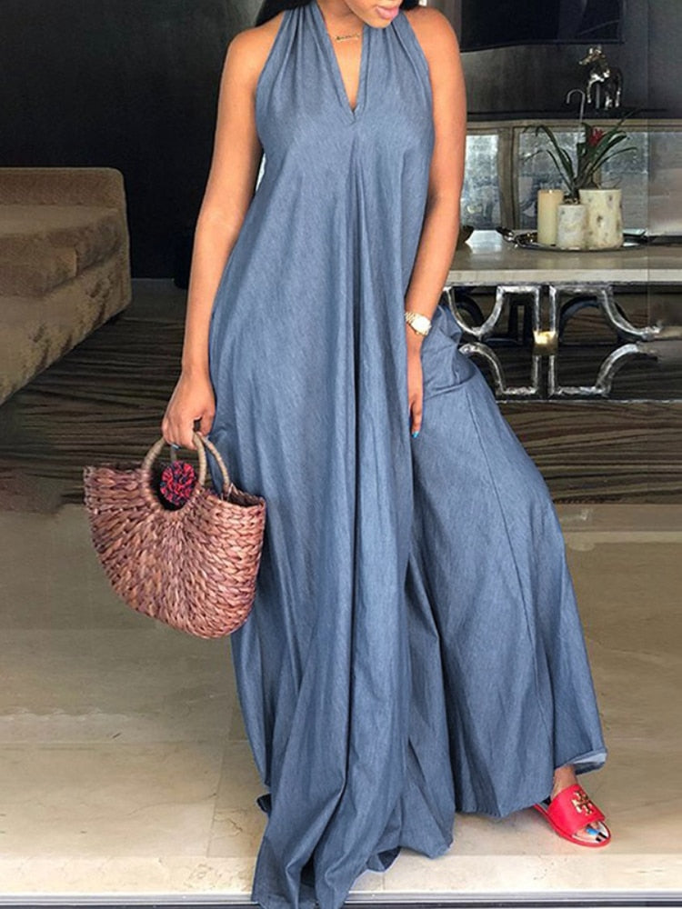 Freeacy Summer New Female Halterneck V-neck Sleeveless Loose Wide Leg Denim Jumpsuits For Women Casual Streetwear Jump Suits