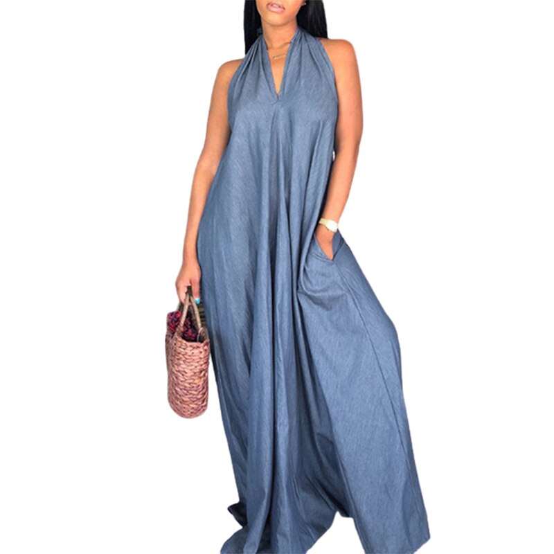 Freeacy Summer New Female Halterneck V-neck Sleeveless Loose Wide Leg Denim Jumpsuits For Women Casual Streetwear Jump Suits