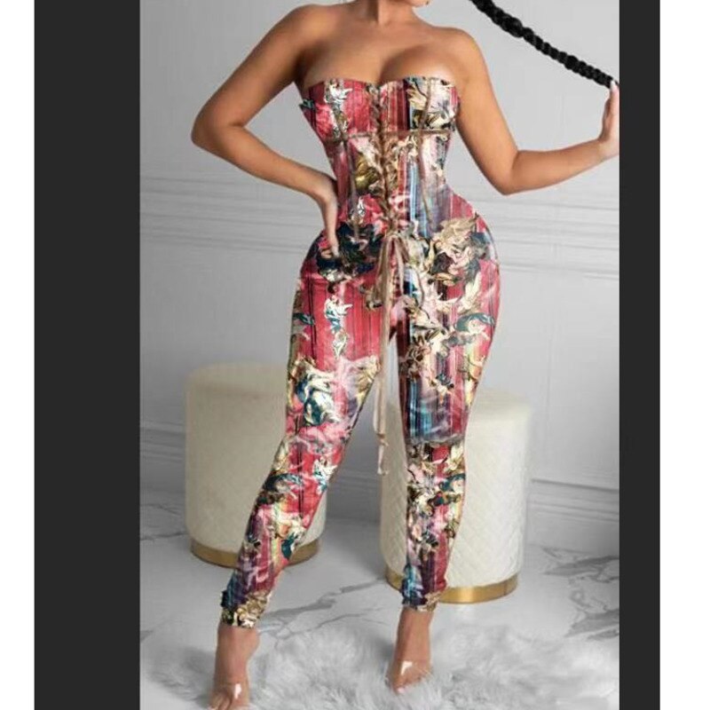 Print Off Shoulder Fashion Women Jumpsuits Sexy Lace Up Workout Active Wear Fashion Overalls One Piece Bodycon Rompers Clubwear