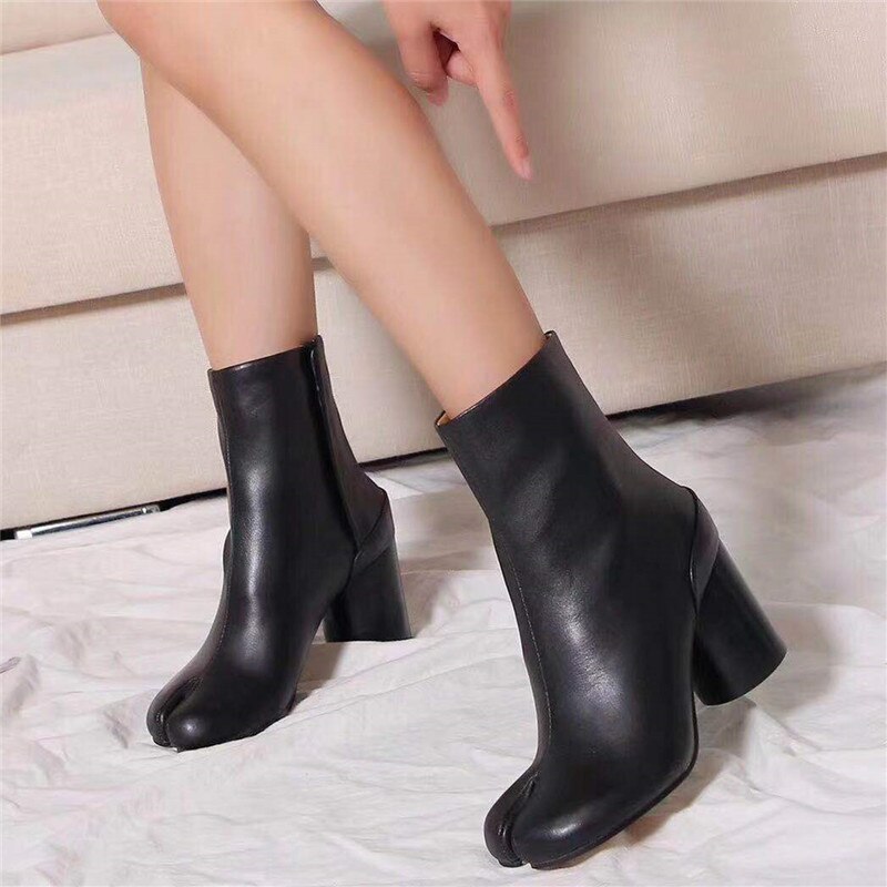 Real Cow Leather Split Toe Ninja Tabi Boots Women MM6 Brand Design Genuine Leather Ankle Boot Woman Round High Heels Shoes