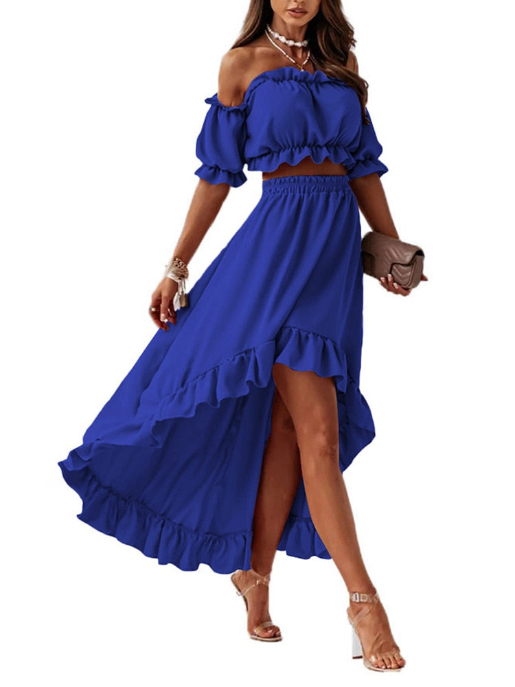 Summer Elegant Ruffle Backless Two Piece Set Women Outftis 2022 Sexy Slash Neck Puff Sleeve Strapless Casual Ladies Dresses Robe