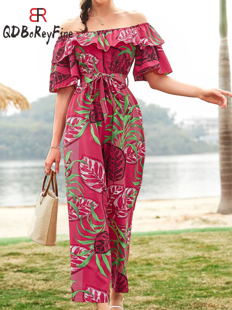 Sexy Women Jumpsuits Off shoulder Ankle length wide leg pants Ruffles short sleeve Casual holiday jump suits for women rompers