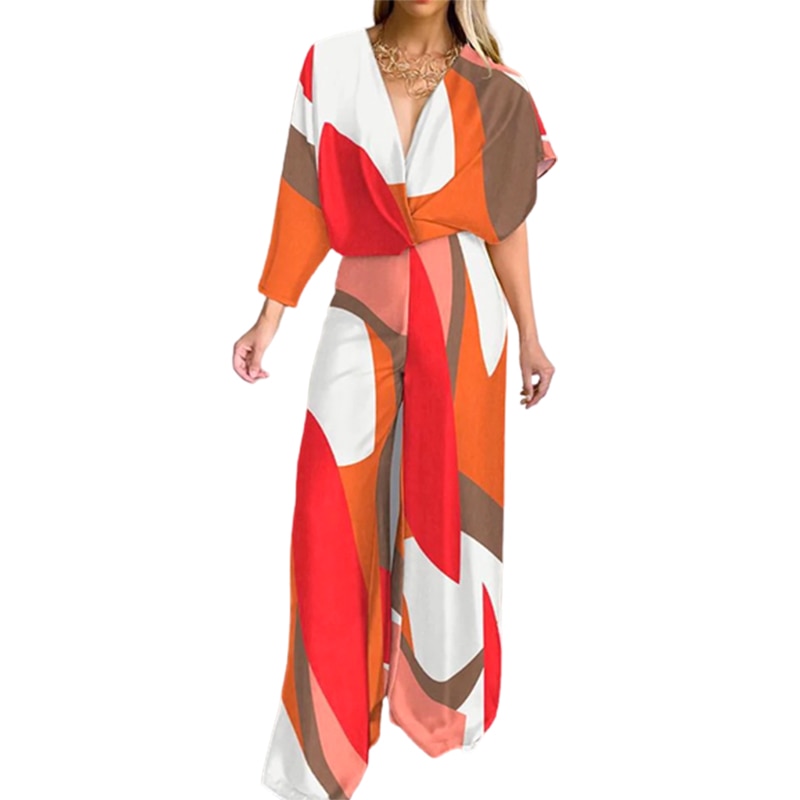 Freeacy 2023 New Fashional Contrast Color Printed V-Neck Jumpsuit High Waisted Wide Leg Pants Loose Casual Jump Suit For Women