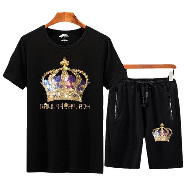 Crown 2023 Men Clothing Rhinestones Sportswear Suits Fitness Short Mens Track Suit Set 2 Pieces Casual Jogger Sets Plus Size 7XL