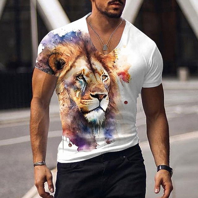 Oversized Animal T-shirt Men Black Tees Lion Print Shirts Pattern V-neck Tops Fashion Casual Short Sleeve Summer Men's Clothing