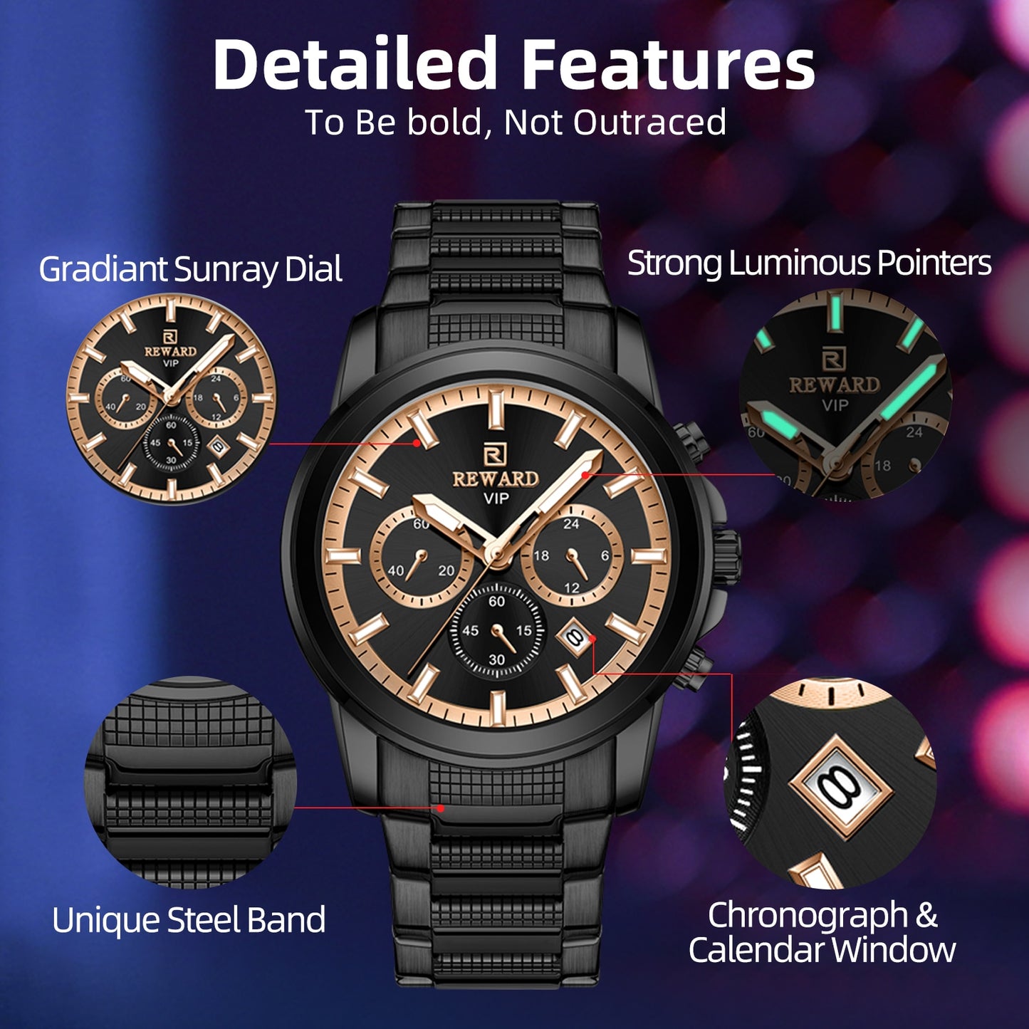 REWARD VIP New Quartz Watches for Men Dress Wrist Watch Stainless Strap Chronograph Luminous Waterproof Date Men's Wristwatches
