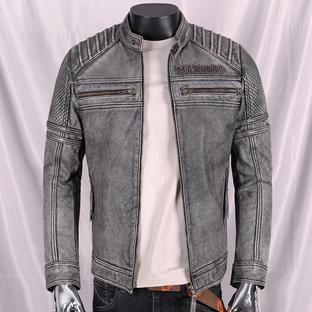 's European Fashion Distressed Cowhide Coats Winter High Street Jackets Plus Size Motorcycle Coat Slim Fit Man Clothing