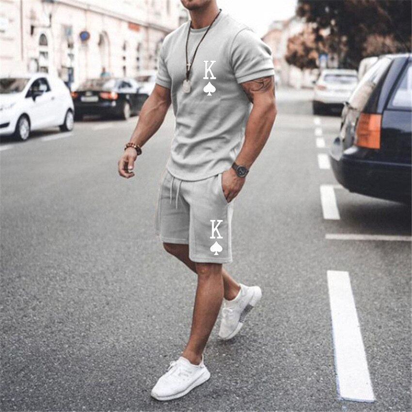 Summer Black and Red 2pk Sportswear Spades Oversize Dress Retro Beach Style 3d Printed T-shirt Men's Set T-shirt Shorts