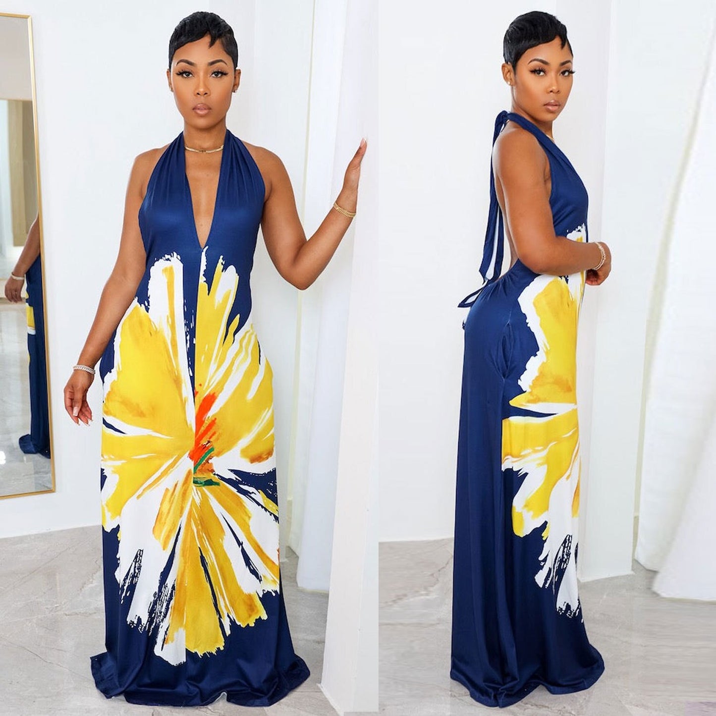 Summer Elegant Print Hang Neck Straps Loose V-neck Long Dress 2023 Women Sleeveless Sexy Traditional Retro African Clothing