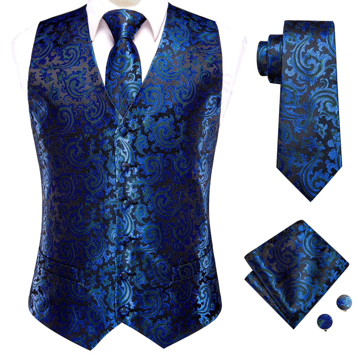 Brand New Mens Suit Dress Vests Necktie Hankerchief Cufflinks Set Silk Slim Fit Male Waistcoat Jacquard Waist Jacket Gilet Homme