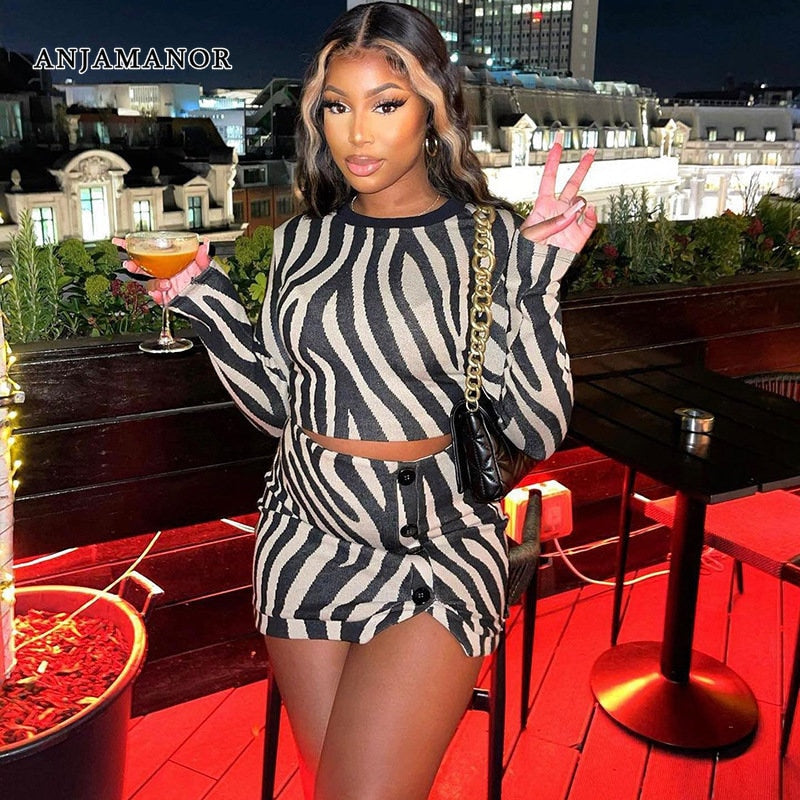 ANJAMANOR Zebra Stripe Print Long Sleeve Dress Sets 2023 Fashion Sexy Clubwear 2 Piece Womens Outfits Crop Top and Skirt D17CD23