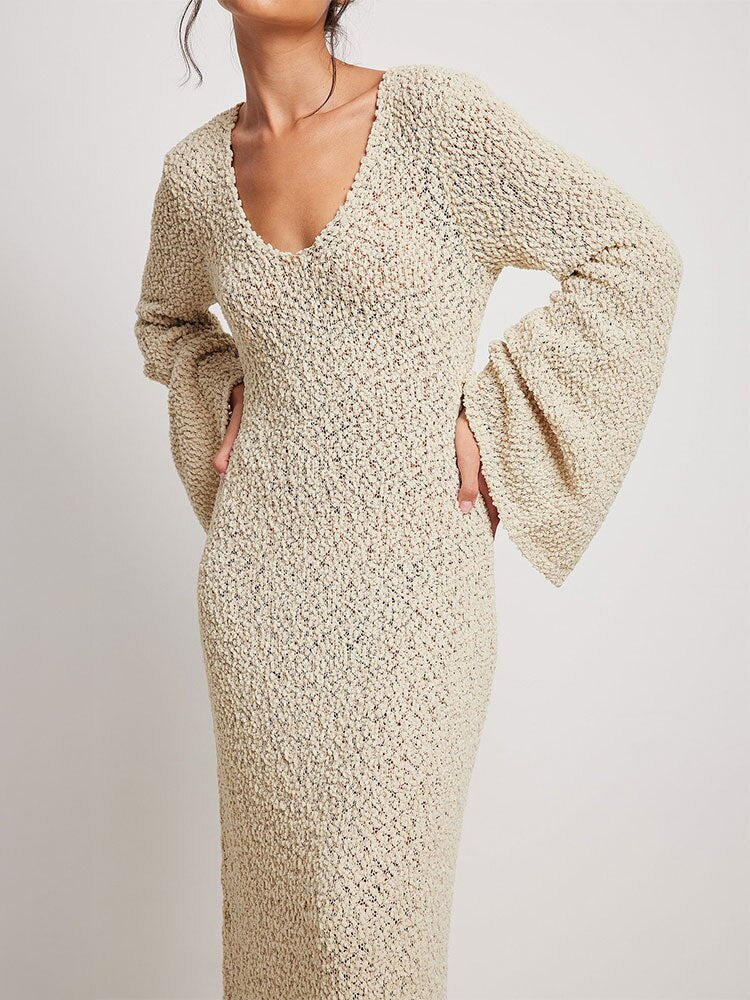 Sexy Knitted Women's 2023 Autumn New U-Neck Dolman Sleeves See-through Sweater Maxi Dress Beachwear Swim Suit Cover-ups A2186