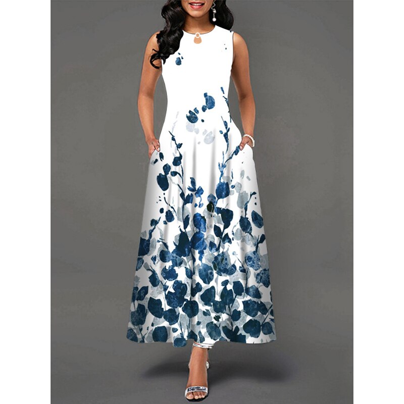 MOVOKAKA Ladies Spring Summer Long Dress Women White Sleeveless V-neck Pocket Elegant Dresses Casual Flowers Print Vintage Dress