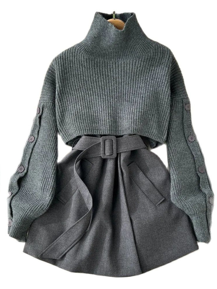 Autumn Winter Knit Two Piece Set Women's Single-breasted Turtleneck Cropped Pullover Sweater V-neck Vest Dress Solid Women Suit