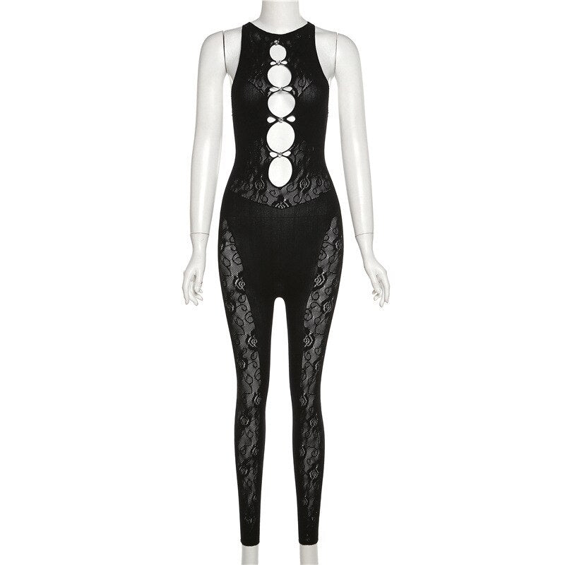 Sexy See Through Sleeveless Hipster Night Clubwear Party Overalls Women Hollow Out Lace Mesh Patchwork Skinny Jump Suit