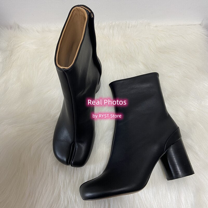 Real Cow Leather Split Toe Ninja Tabi Boots Women MM6 Brand Design Genuine Leather Ankle Boot Woman Round High Heels Shoes