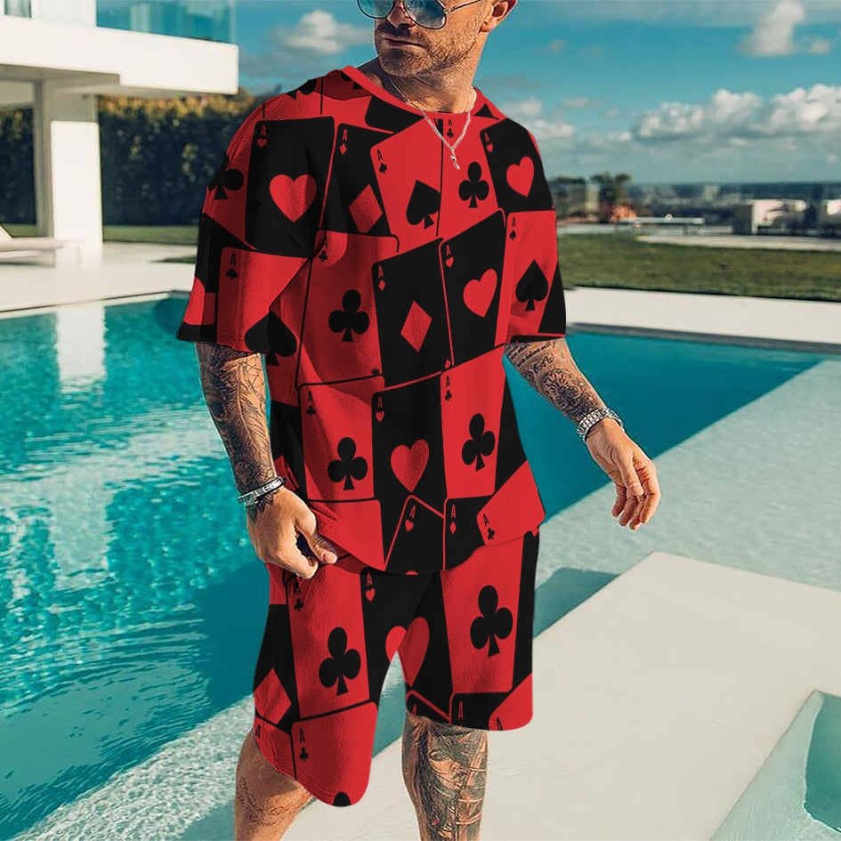 Summer Black and Red 2pk Sportswear Spades Oversize Dress Retro Beach Style 3d Printed T-shirt Men's Set T-shirt Shorts