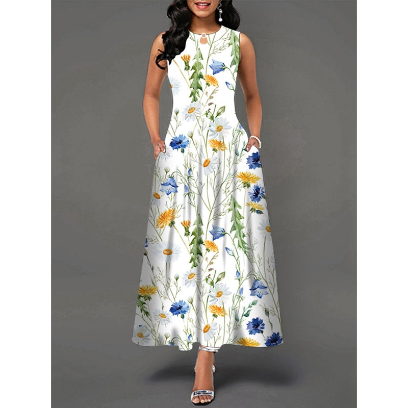 MOVOKAKA Ladies Spring Summer Long Dress Women White Sleeveless V-neck Pocket Elegant Dresses Casual Flowers Print Vintage Dress