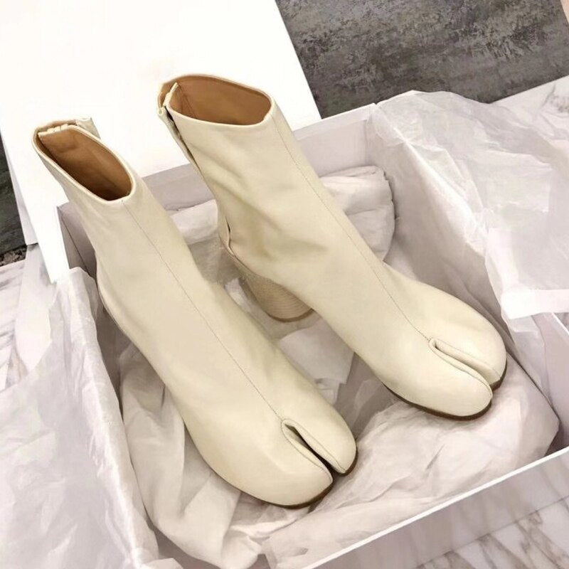 Real Cow Leather Split Toe Ninja Tabi Boots Women MM6 Brand Design Genuine Leather Ankle Boot Woman Round High Heels Shoes