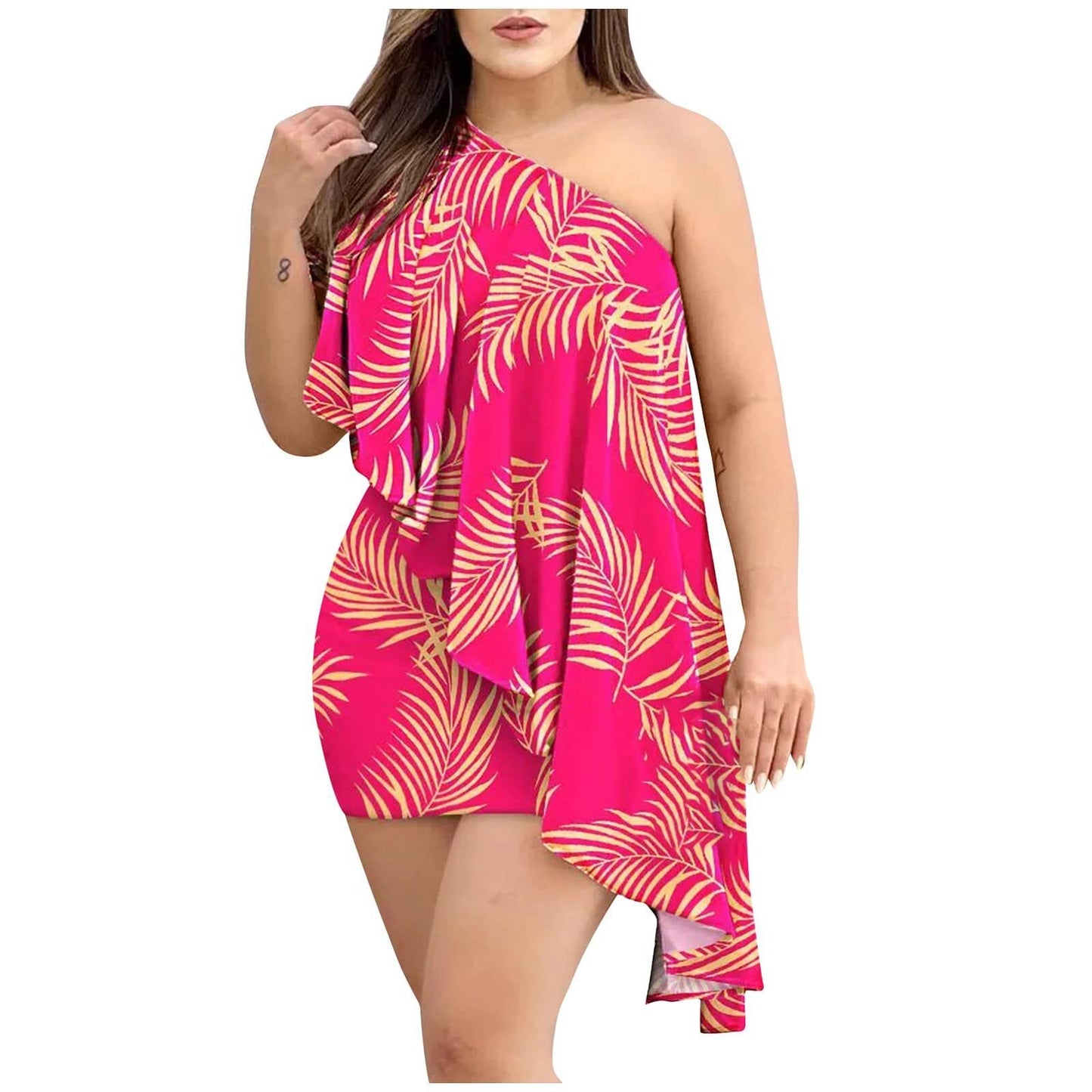 Skew Collar Pencil Dress For Women Summer Elegant One Off Shoulder Party Dresses 2023 New Ladies Sexy Ruffles Print Mini Dress