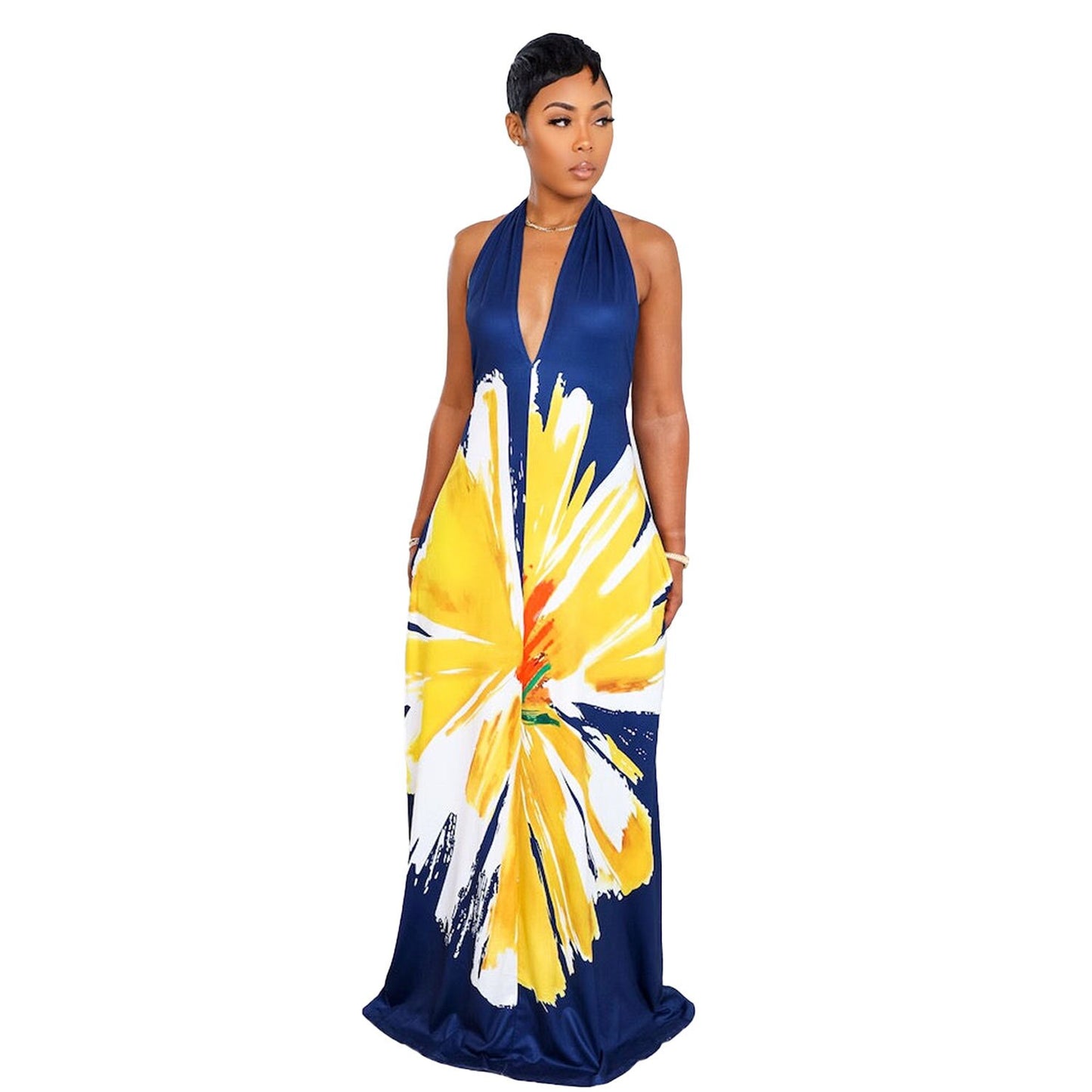 Summer Elegant Print Hang Neck Straps Loose V-neck Long Dress 2023 Women Sleeveless Sexy Traditional Retro African Clothing