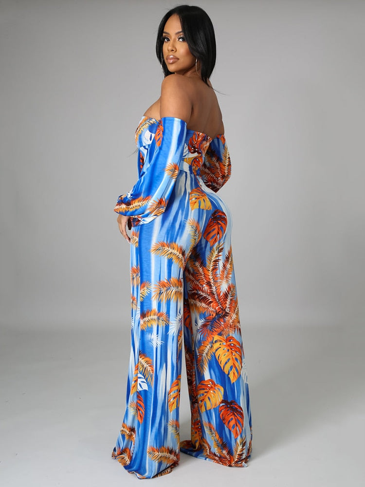 Jump Suits for Women Tropical Print Off The Shoulder Lace Up Decorative Jumpsuit One Fashion Casual Pieces for Women Female