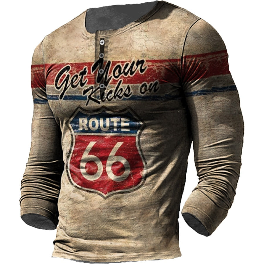 Vintage Men's T Shirt Long Sleeve Cotton Top Tees USA Route 66 Letter Graphic 3D Print T-Shirt Fall Oversized Loose Clothing 5XL