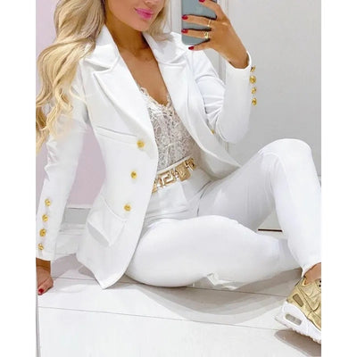 2023 Women 2pcs Clothes Set Spring Summer Solid Color Cardigan Single-Breasted French Casual Suit Jacket Skinny Pants