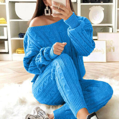 5xl Casual Knitted Long Sleeve O-neck Sweater Top &amp; Long Pants Suit Women Solid Color 2 Pieces Sets 2023 Autumn Winter Clothing