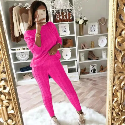 5xl Casual Knitted Long Sleeve O-neck Sweater Top &amp; Long Pants Suit Women Solid Color 2 Pieces Sets 2023 Autumn Winter Clothing